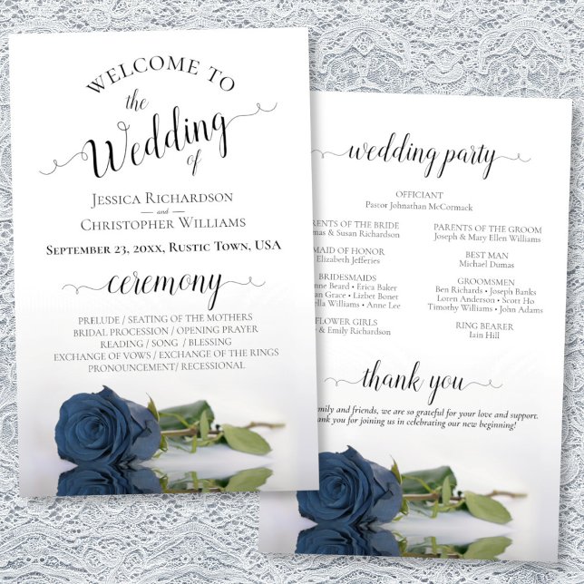 Elegant Steel Blue Rose Budget Wedding Program (Front/Back)