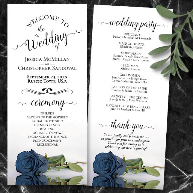 Elegant Steel Blue Rose Simple Romantic Wedding Program (Front and Back)