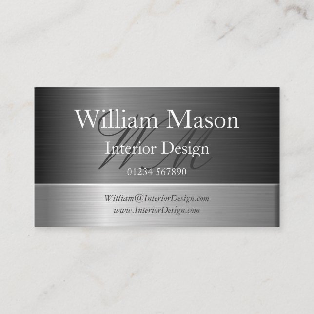 Elegant Steel Effect Monogram Business Card (Front)