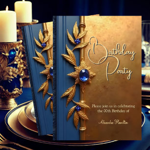 Elegant Steel Royal Blue Gold Ornate Birthday Invitation