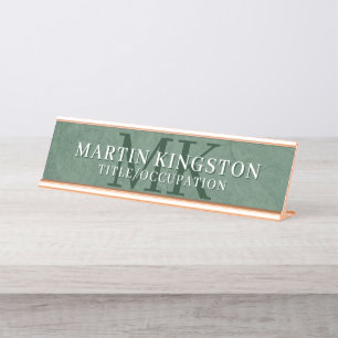 Elegant Stone Texture Dark Green Monogram Name Desk Name Plate