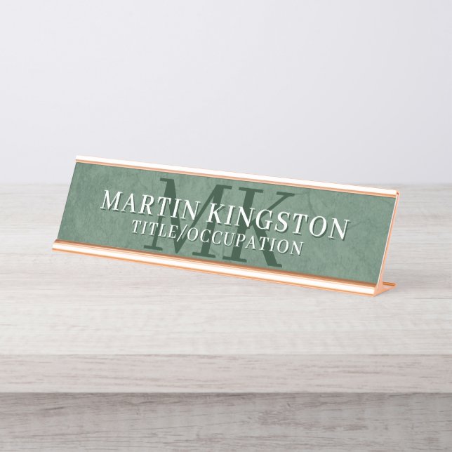 Elegant Stone Texture Dark Green Monogram Name Desk Name Plate (Front)