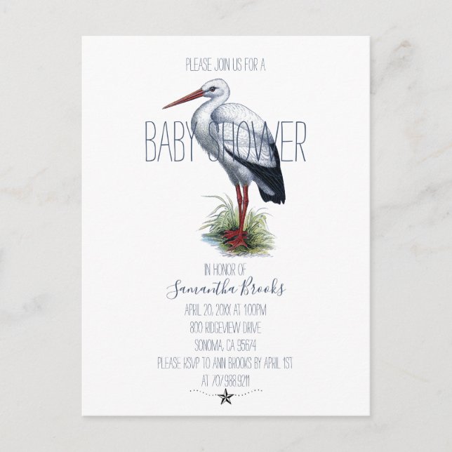 Elegant Stork Baby Shower Invitation Postcard (Front)