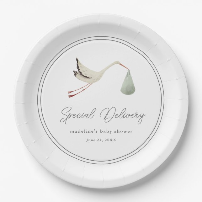 Elegant Stork Baby Shower Paper Plate (Front)