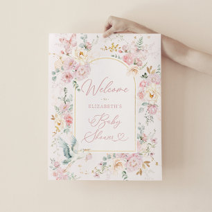 Elegant Stork Blush Pink Floral Baby Girl Welcome Poster