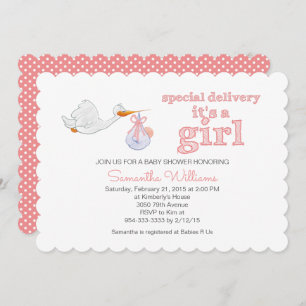 Elegant Stork Carrying Baby GIRL BABY SHOWER Invitation