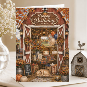 Elegant Storybook Country Barn Autumn Birthday Card