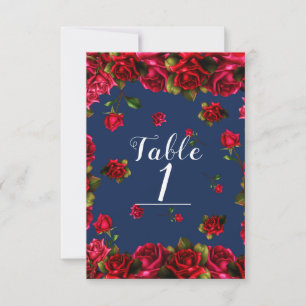 Elegant Storybook Red Roses Blue Table Number