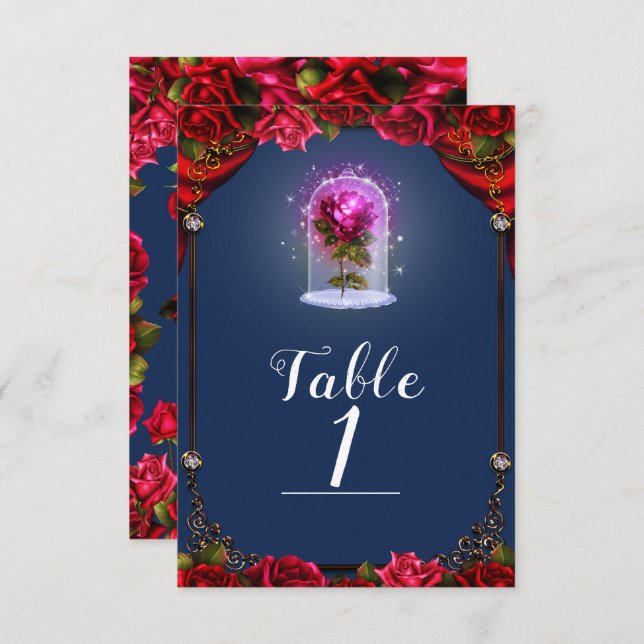 Elegant Storybook Red Roses Blue Table Number (Front/Back)