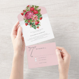 Elegant Strawberry and Peonies Bridal Shower Rsvp All In One Invitation