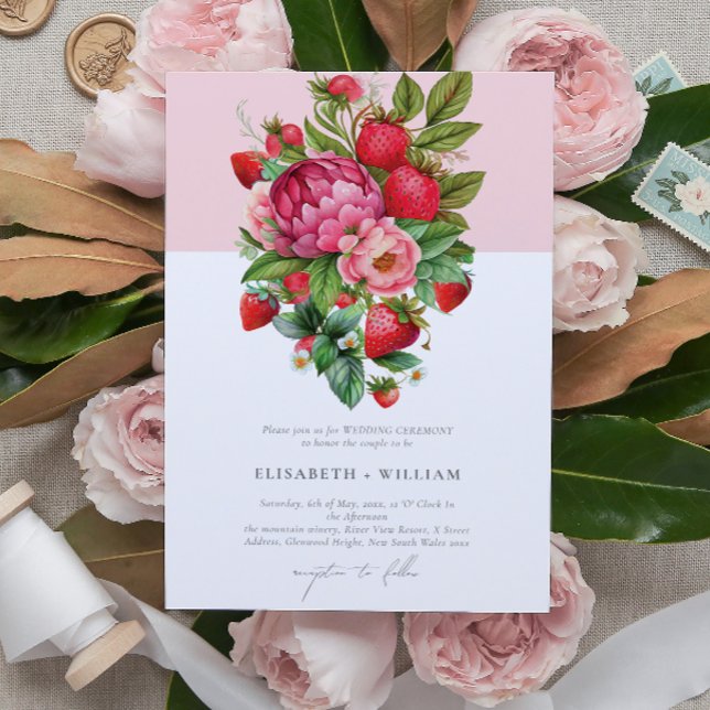 Elegant Strawberry and Peonies Summer Wedding Invitation (Creator Uploaded)