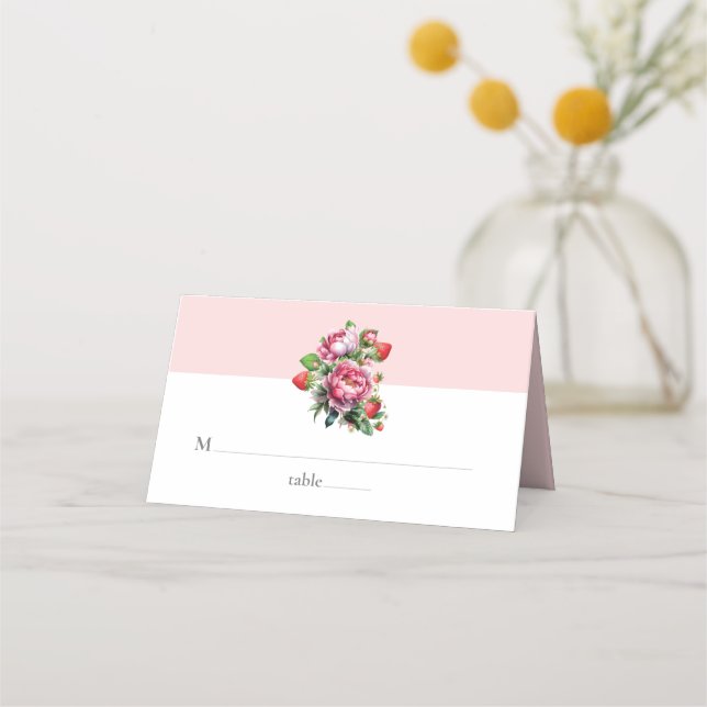 Elegant Strawberry and Peonies Wedding Place Card (Front)