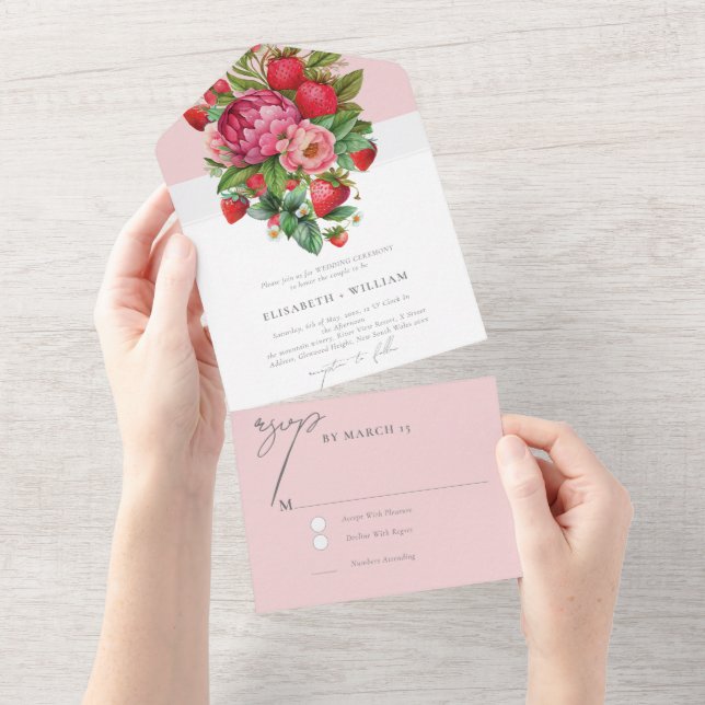 Elegant Strawberry and Peonies Wedding Rsvp All In One Invitation (Tearaway)