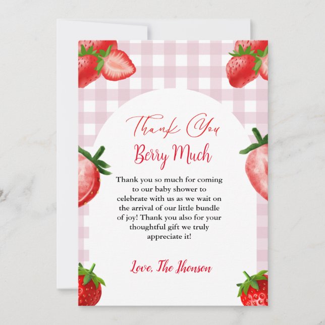 Elegant Strawberry baby shower thank you card (Front)