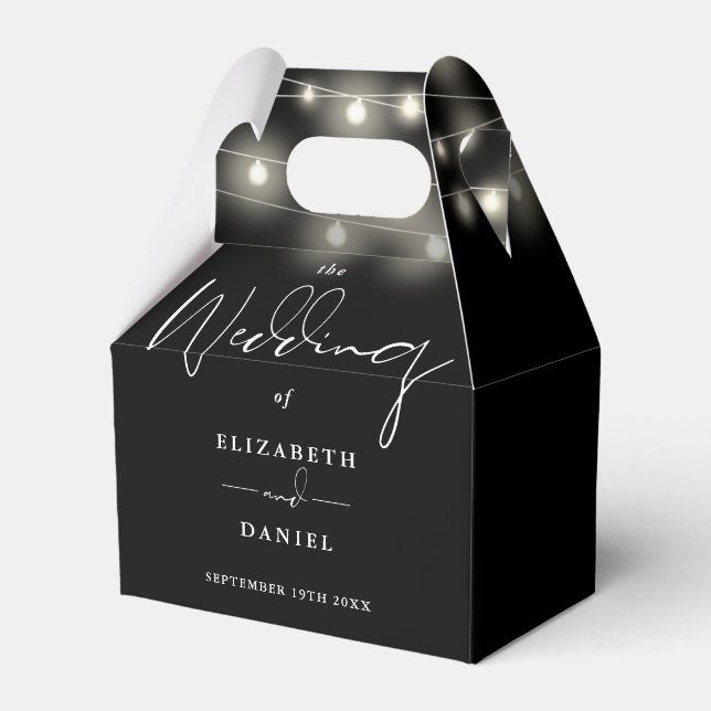 Elegant String Lights Black And White Wedding Favour Box (Front Side)