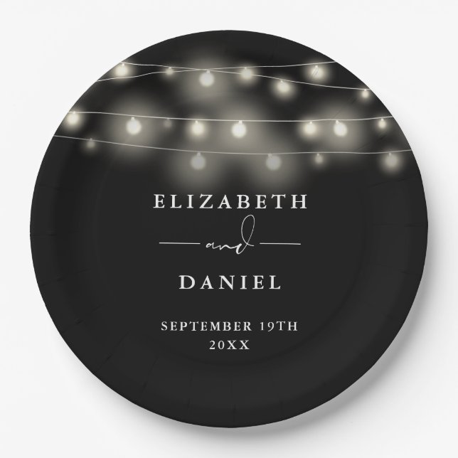 Elegant String Lights Black And White Wedding Paper Plate (Front)