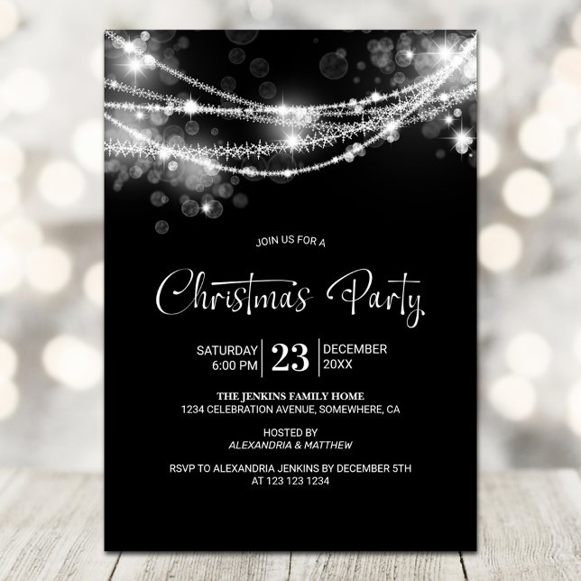 Elegant String Lights Black Christmas Party Invitation (Creator Uploaded)