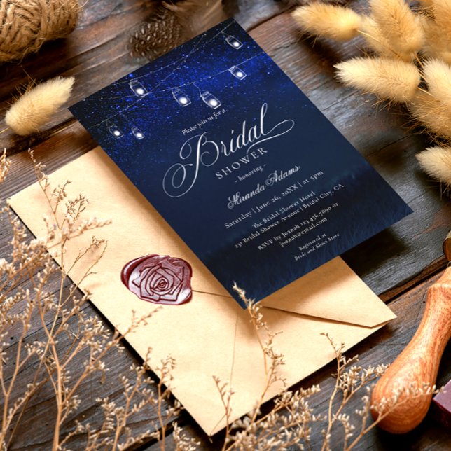 Elegant String Lights Blue Night Bridal Shower Invitation (Creator Uploaded)