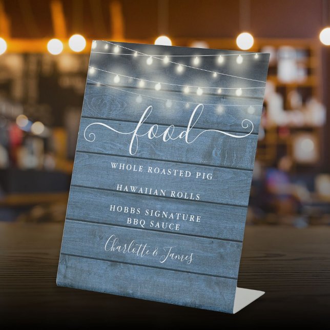 Elegant String Lights Blue Rustic Wood Food Menu Pedestal Sign (Elegant String Lights Blue Rustic Wood Food Menu Pedestal Sign)