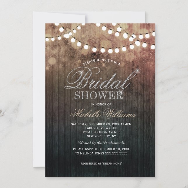 Elegant string lights brown bokeh bridal shower invitation (Front)