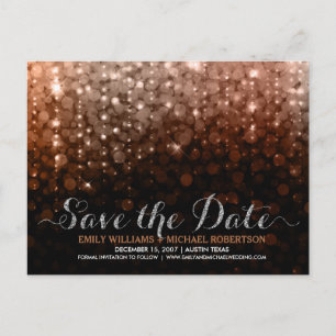 Elegant string lights brown bokeh save the date announcement postcard