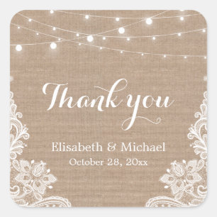 Elegant String Lights Burlap Lace Thank You Square Sticker