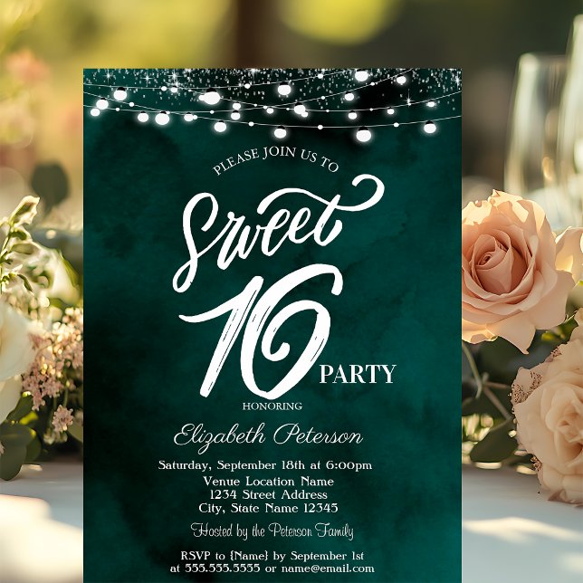 Elegant String Lights Confetti Green Sweet 16 Invitation (Creator Uploaded)