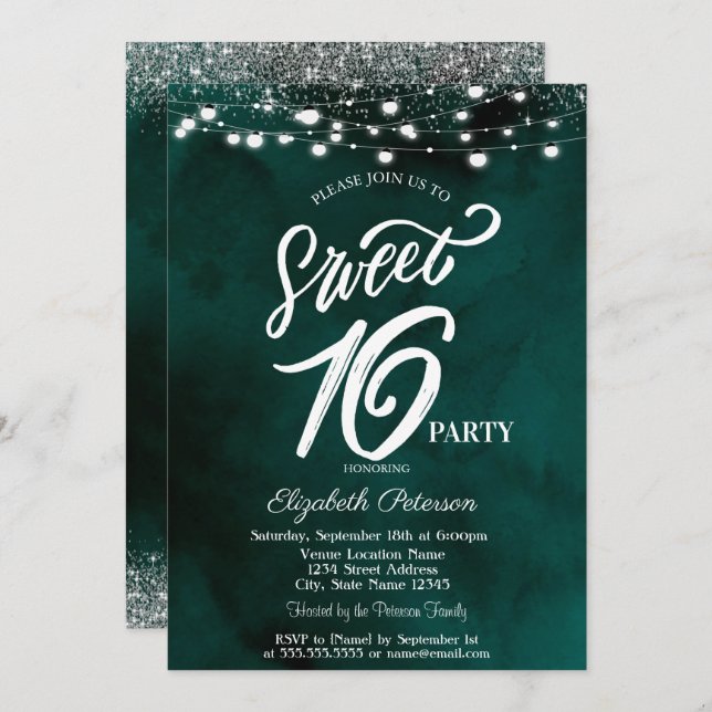 Elegant String Lights Confetti Green Sweet 16 Invitation (Front/Back)
