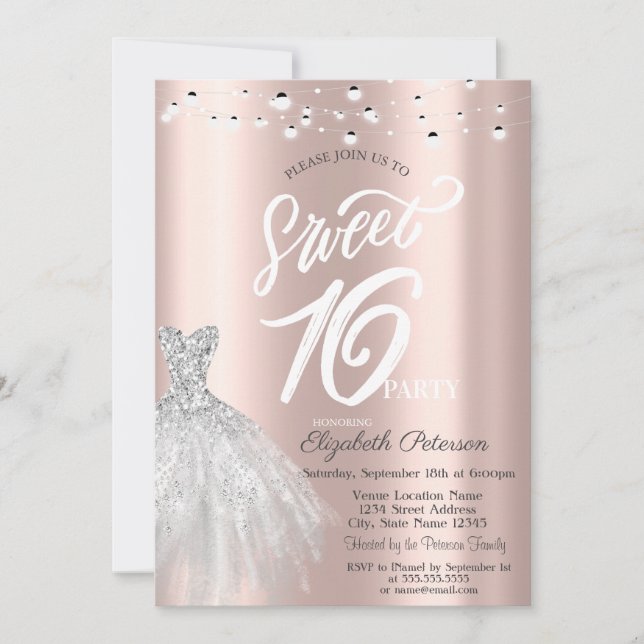 Elegant String Lights Dress Rose Gold Sweet 16 Invitation (Front)