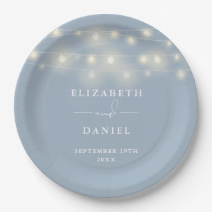 Elegant String Lights Dusty Blue Wedding Paper Plate
