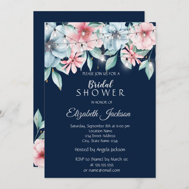 Elegant String Lights Floral Bridal Shower Invitation (Front/Back)