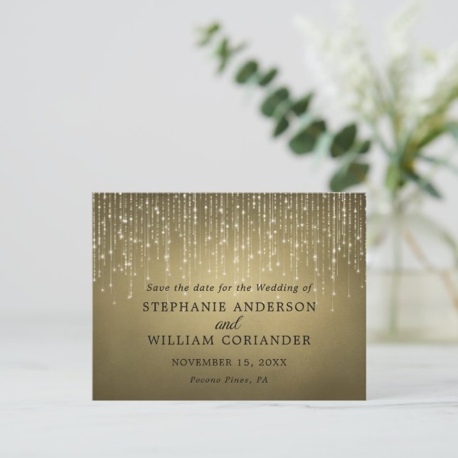 Elegant String Lights Gold Save the Date STD Announcement Postcard (Standing Front)
