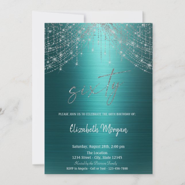 Elegant String Lights Green Metallic 60th Birthday Invitation (Front)