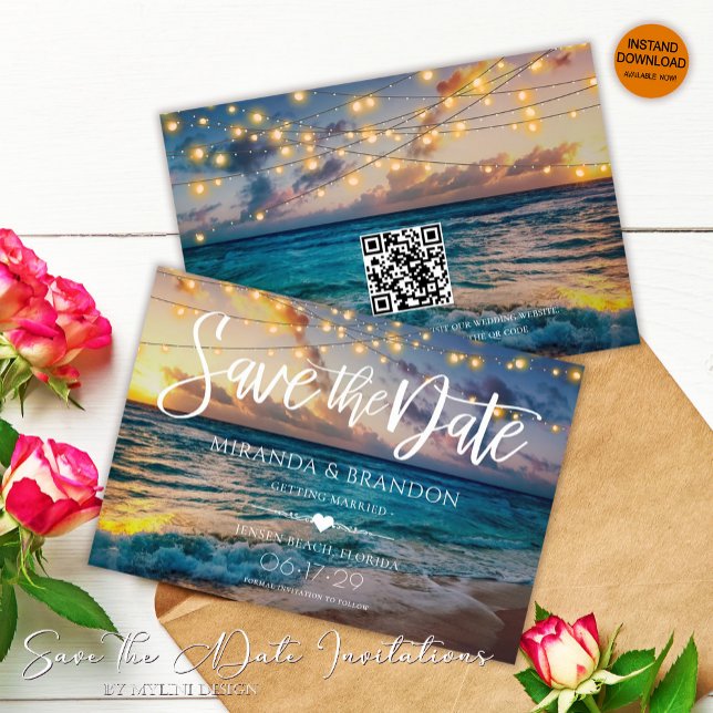 Elegant String Lights QR Code Sunset Beach Wedding Save The Date (Creator Uploaded)