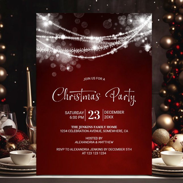 Elegant String Lights Red Christmas Party Invitation (Creator Uploaded)
