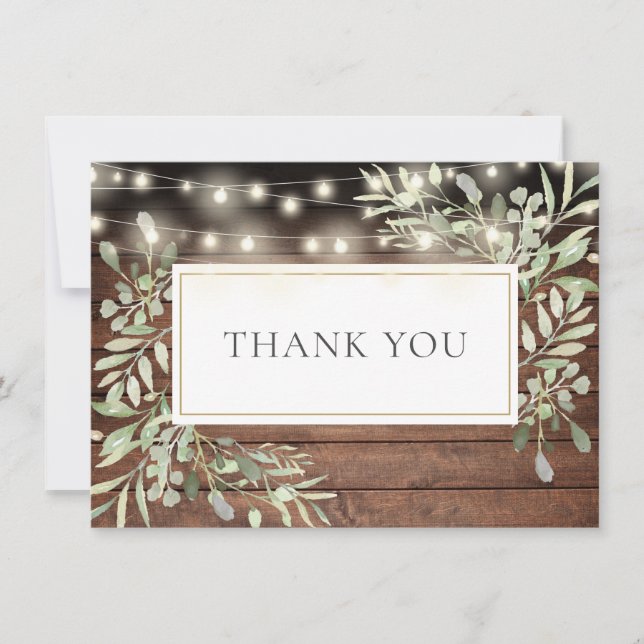 Elegant String Lights Rustic Wood Greenery Thank You Card (Front)