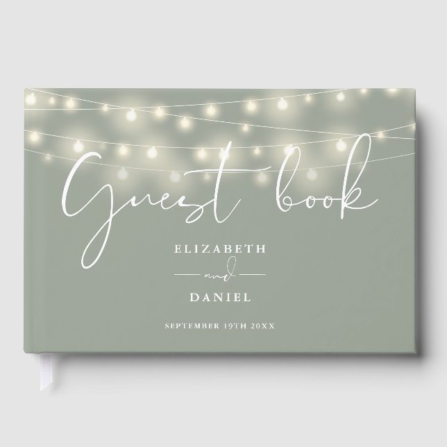 Elegant String Lights Sage Green Wedding Guest Book (Front)
