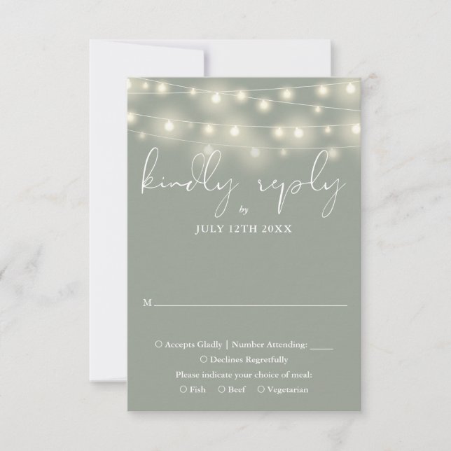 Elegant String Lights Sage Green Wedding RSVP Card (Front)