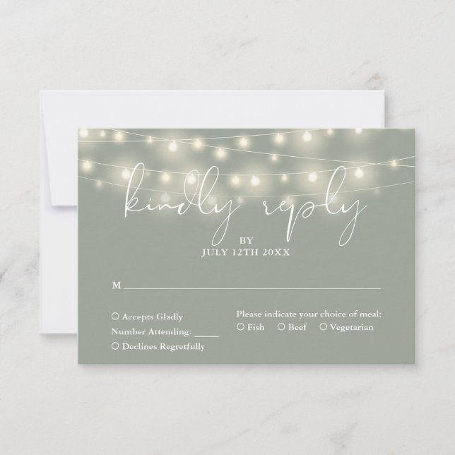 Elegant String Lights Sage Green Wedding RSVP Card (Front)