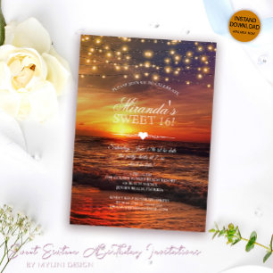 Elegant String Lights Summer Beach Sweet Sixteen Invitation