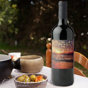 Elegant String Lights Summer Beach Thank You Wine Label