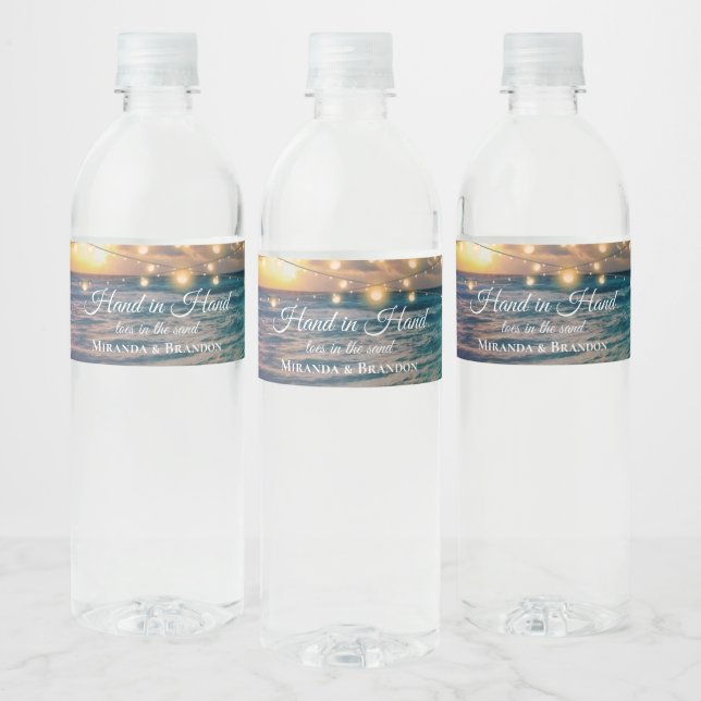 Elegant String Lights Summer Beach Wedding Water Bottle Label (Bottles)