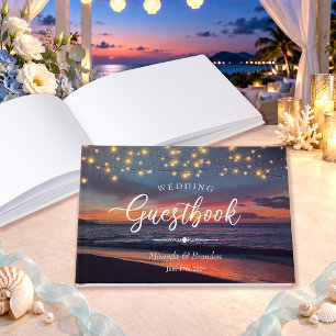 Elegant String Lights Summer Sunset Beach Wedding Guest Book
