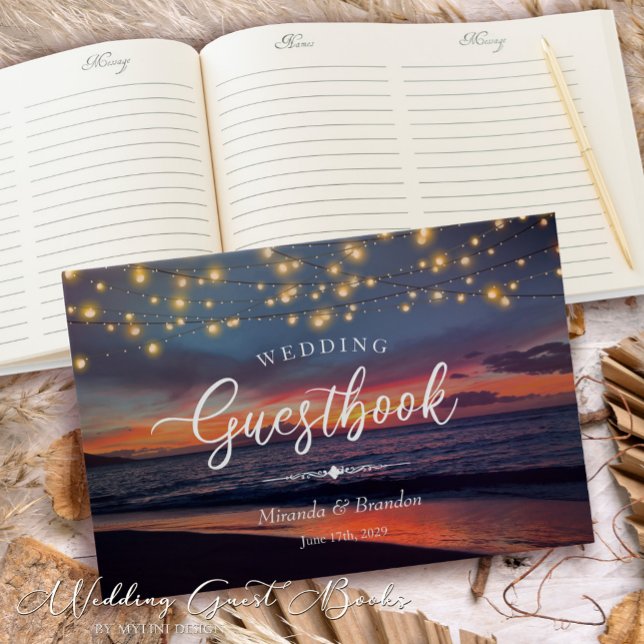 Elegant String Lights Summer Sunset Beach Wedding Guest Book (Creator Uploaded)