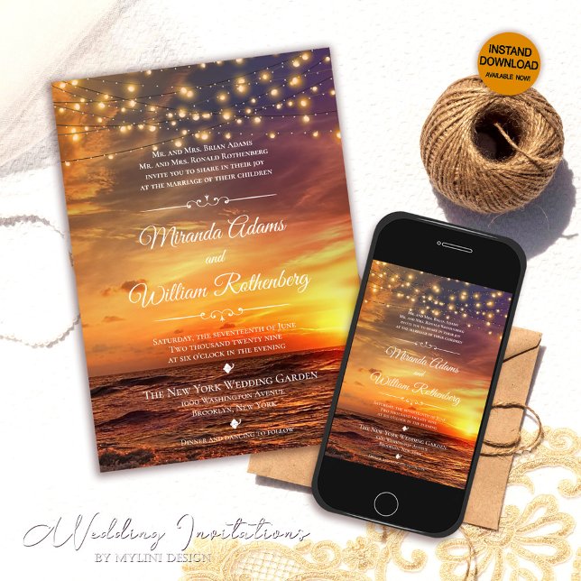 Elegant String Lights Summer Sunset Beach Wedding Invitation (Creator Uploaded)