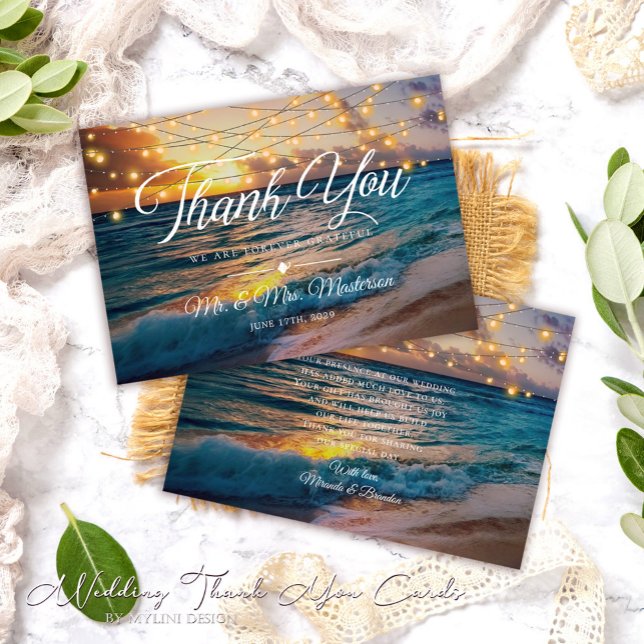 Elegant String Lights Summer Sunset Beach Wedding Thank You Card (Creator Uploaded)