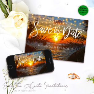Elegant String Lights Summer Sunset Wedding Beach Save The Date