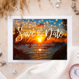 Elegant String Lights Sunset Summer Beach Wedding  Announcement Postcard
