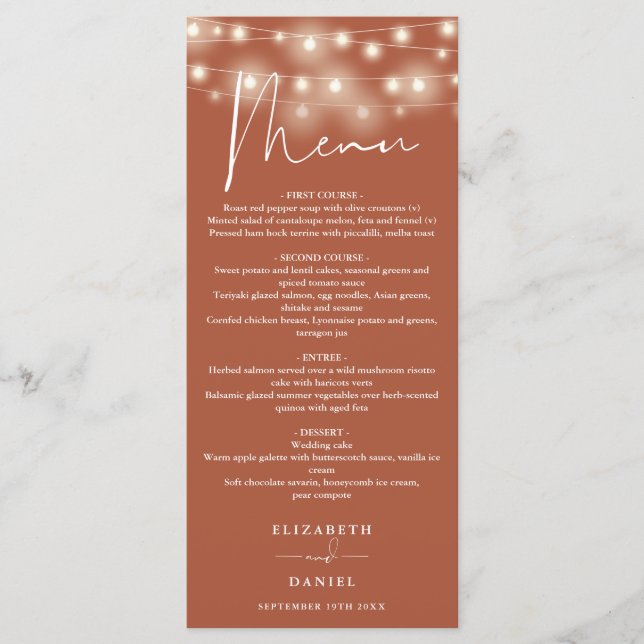 Elegant String Lights Terracotta Wedding Dinner Menu (Front)