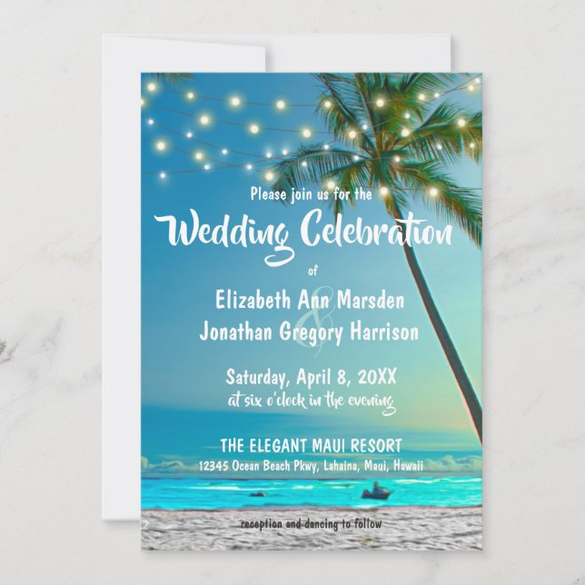 Elegant String Lights Tropical Beach Wedding Invitation (Front)